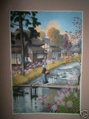 Saito Hodo: Woman walking across footbridge over stream - Japanese Art Open Database