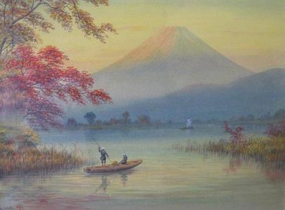 Seki K: Men in boat on lake by Mt Fuji - Japanese Art Open Database