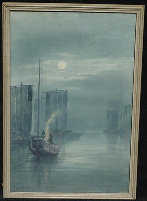 Seki K: Ships in harbour on moonlit night - Japanese Art Open Database