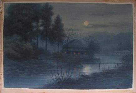 Seki T: Farmhouse by stream in moonlight - Japanese Art Open Database