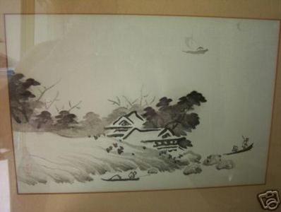 Sesson: Greyscale landscape of village and ocean - Japanese Art Open Database