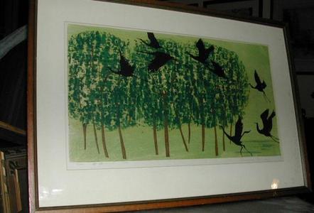 Japanese Print "Unknown- Fly in the Green Forest" by Shima Tamami — 島 珠実