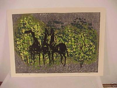 Japanese Print "Unknown- three horses" by Shima Tamami — 島 珠実