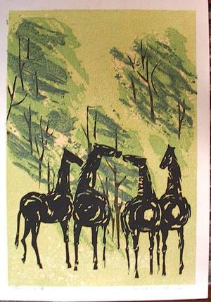 Japanese Print "Whispering Horses" by Shima Tamami — 島 珠実