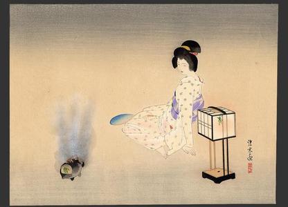 伊東深水: Bijin, lamp and incense burner - Japanese Art Open Database