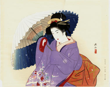 伊東深水: Bijin with umbrella in winter snow - Japanese Art Open Database