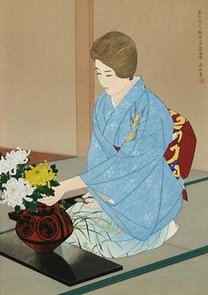 伊東深水: Kasumi Teshigawara arranging chrysanthemums — 菊を活ける勅使ヶ原霞女史 - Japanese Art Open Database