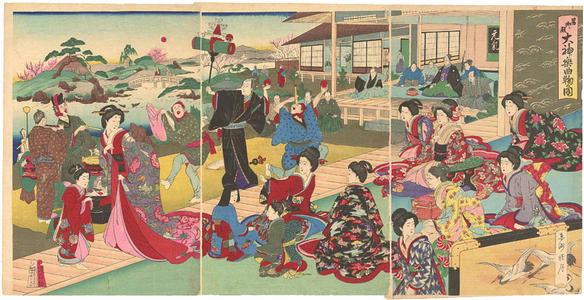 Shogetsu: Street jugglers and musicians entertaining a noble family in their garden - Japanese Art Open Database