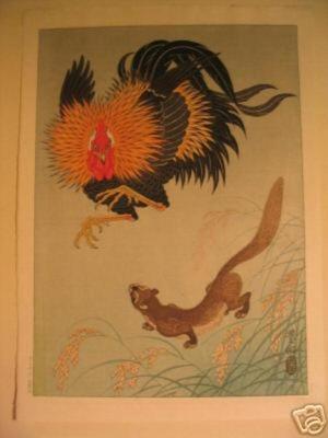 Shoson Ohara: Rooster and Weasel - Japanese Art Open Database