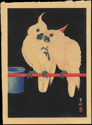 Shoson Ohara: Two White Cockatoos on Red Bar- B - Japanese Art Open Database