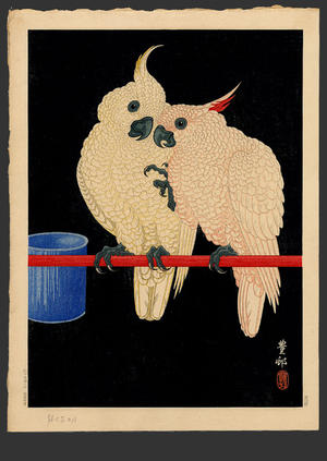 Shoson Ohara: Two White Cockatoos on Red Bar- B - Japanese Art Open Database