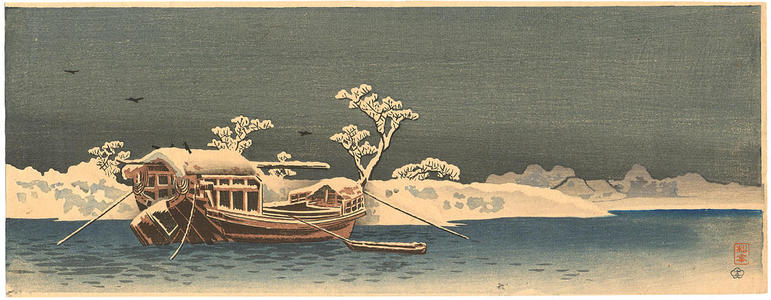 Shotei Takahashi: Boat by the snow-covered bank of the Sumida River - Japanese Art Open Database