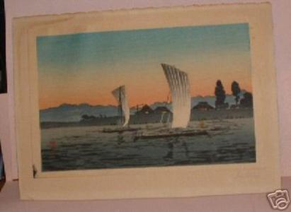 Shotei Takahashi: Homeward bound boats- blue and golden sky - Japanese Art Open Database