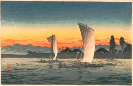 Shotei Takahashi: Homeward bound boats- blue and golden sky - Japanese Art Open Database