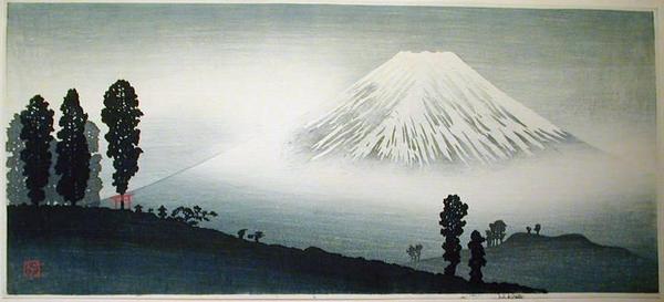 Shotei Takahashi: M14- Mt Fuji in mist- mountain pass in front - Japanese Art Open Database