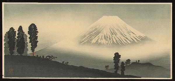 Shotei Takahashi: M14- Mt Fuji in mist- mountain pass in front - Japanese Art Open Database