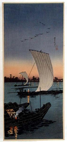 Shotei Takahashi: River Boats in the Evening - Japanese Art Open Database
