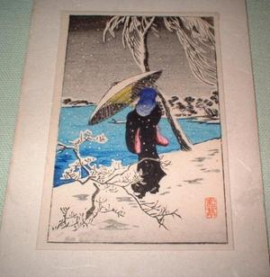 Shotei Takahashi: Woman in snow by the river - Japanese Art Open Database