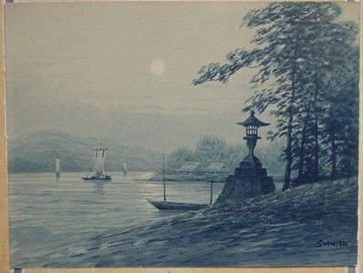 Shuho: Moonlit harbour with sailboats - Japanese Art Open Database