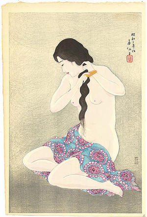 名取春仙: Combing her hair - Japanese Art Open Database