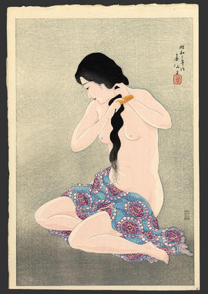 Natori Shunsen: Combing her hair - Japanese Art Open Database