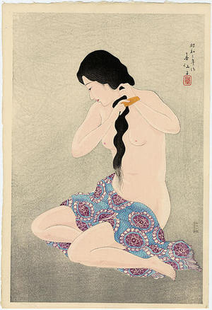 Natori Shunsen: Combing her hair - Japanese Art Open Database