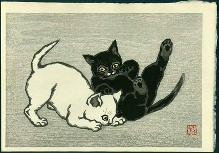 名取春仙: Two cats playing - Japanese Art Open Database