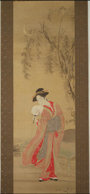 勝川春章: A Beautiful Woman beneath a Willow Tree — 柳下美人 - Japanese Art Open Database