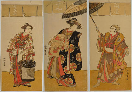 Katsukawa Shunsho: Actors Ichimura Uzaemon 9 (Right), Segawa Kikunojo 2 (Center) and Ichikawa Yaozo 2 (Left) - triptich — 九世市村羽左衛門・三世瀬川菊之丞・二世市川八百蔵 - Japanese Art Open Database