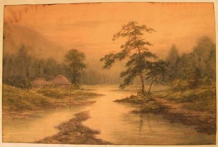 Takata K B: Farmlet beside stream among misty mountains - Japanese Art Open Database