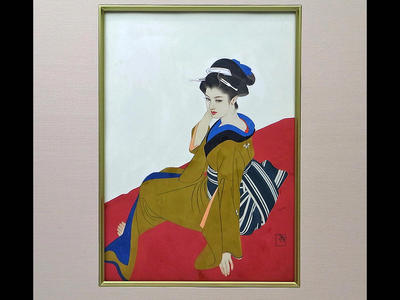 Tatsumi Shimura: Bijin on red seat - Japanese Art Open Database