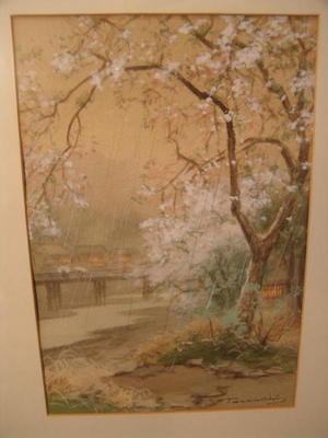 Terauchi Fukutaro: Bridge and Cherry trees on spring rainy day - Japanese Art Open Database