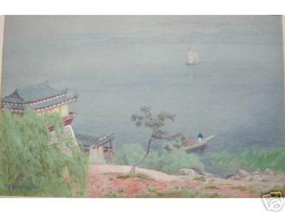 Terauchi Fukutaro: Castle and boatman on lake or river - Japanese Art Open Database
