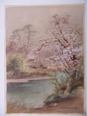 Terauchi Fukutaro: Hut and cherry tree by river - Japanese Art Open Database