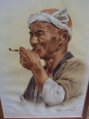 Terauchi Fukutaro: Old Man Smoking a Pipe - Japanese Art Open Database