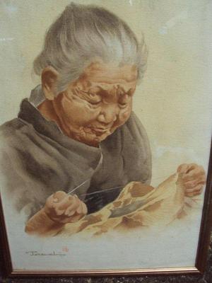 Terauchi Fukutaro: Old Woman Sewing - Japanese Art Open Database