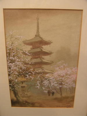 Terauchi Fukutaro: Pagoda and lanter in spring - Japanese Art Open Database