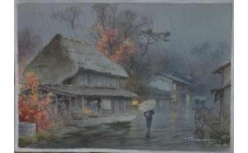 Terauchi Fukutaro: Rainy night street scene - Japanese Art Open Database