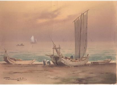 Terauchi Fukutaro: Sailboats on seashore - Japanese Art Open Database