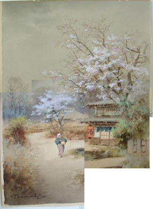 Terauchi Fukutaro: Spring scene with store by river - Japanese Art Open Database