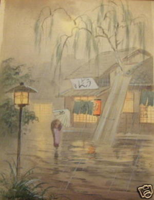 Terauchi K: Bijin and Willow in Rainstorm - Japanese Art Open Database