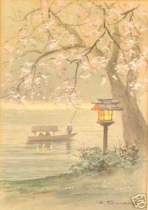 Terauchi K: Spring cherry lantern and river boat - Japanese Art Open Database