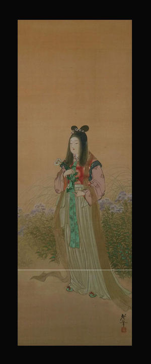 月岡耕漁: Bijin Holding Flower — 美人折花図 - Japanese Art Open Database