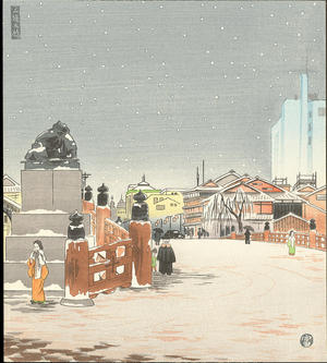 徳力富吉郎: Snow At Sanjo Bridge — 三條大橋の雪 - Japanese Art Open Database