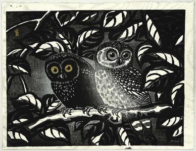 Tokuriki Tomikichiro: Fukuro- Two owls in a dark forest - Japanese Art Open Database