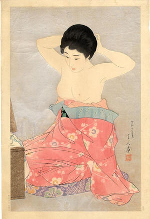 鳥居言人: Make-up (At the Mirror) — 化粧 - Japanese Art Open Database