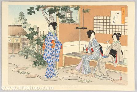 Mizuno Toshikata: Chatting in a small garden shelter near the tea house - Japanese Art Open Database