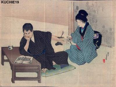 Japanese Print "Bijin cutting fingernails" by Mizuno Toshikata, 水野年方 (Toshikata Mizuno (1866-1908) Shosetsu)