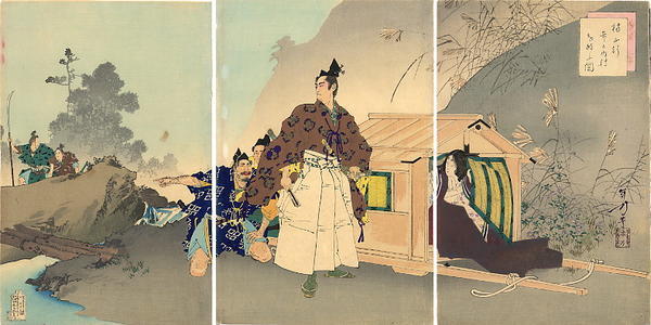 Mizuno Toshikata: Kusunoki Masakage escaping from his enemy with his wife - Japanese Art Open Database