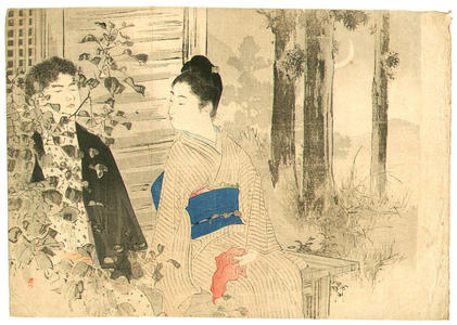 水野年方: Shinobi Oto- A couple is sitting in a garden in the evening - Japanese Art Open Database